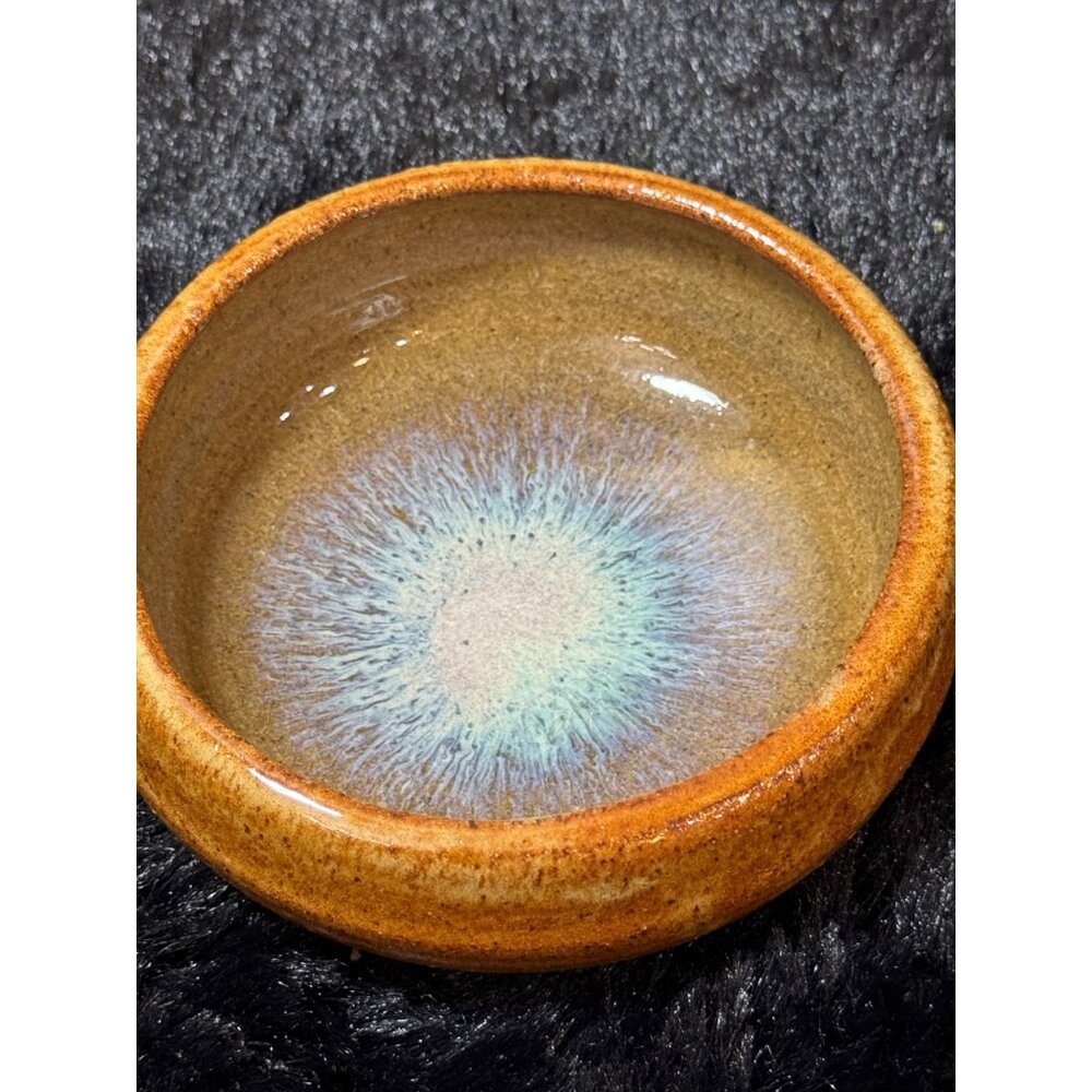 Mid Century Drip Glazed Small Bowl Trinket Dish Browns And Blues.